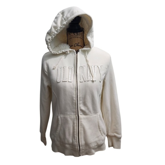 Old Navy Sherpa Lined Hoodie Full Zip Up Sweatshirt‎ Comfy Warm White L - Picture 1 of 7
